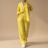 Yemelia yellow linen blend relaxed button-down shirt and wide-leg pants set with drawstring waist.