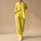 Yemelia yellow linen blend relaxed button-down shirt and wide-leg pants set with drawstring waist.